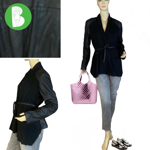 WHITE HOUSE BLACK MARKET BLACK KNIT & LEATHER OPEN FRONT CARDIGAN SWEATER (M) - Picture 1 of 13